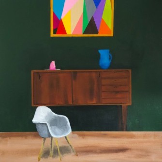 Green Room with Geometric Painting and White Eames Chair