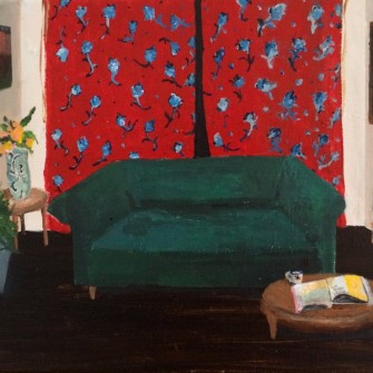 Green Couch, Red Floral Curtains
